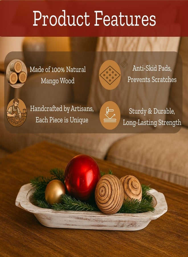 Mie Creations 16'' Large Wooden Dough Bowl for Decor, Farmhouse Decorative Centerpiece Oval Dough Bowls for Table | Handmade Long Wood Bowl, Thanksgiving Christmas Dining Decorations-Shabby Chic White - Image 3